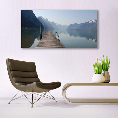 Glass Wall Art Mountains lake bridge architecture grey green brown