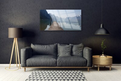 Glass Wall Art Mountains lake bridge architecture grey green brown