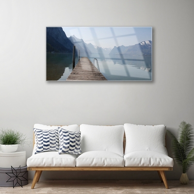 Glass Wall Art Mountains lake bridge architecture grey green brown