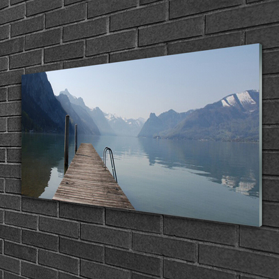 Glass Wall Art Mountains lake bridge architecture grey green brown