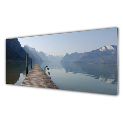 Glass Wall Art Mountains lake bridge architecture grey green brown