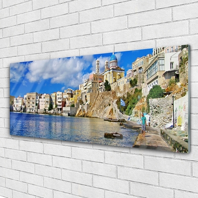 Glass Wall Art City sea architecture brown blue