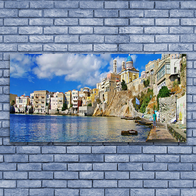 Glass Wall Art City sea architecture brown blue