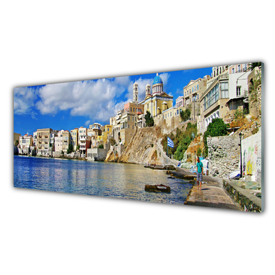 Glass Wall Art City sea architecture brown blue