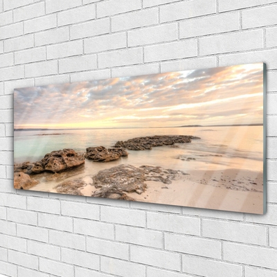 Glass Wall Art Sea stones landscape grey himmelblue brown