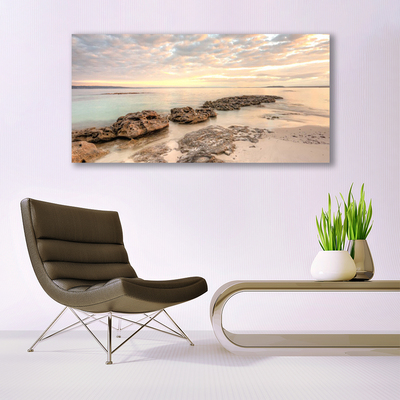 Glass Wall Art Sea stones landscape grey himmelblue brown