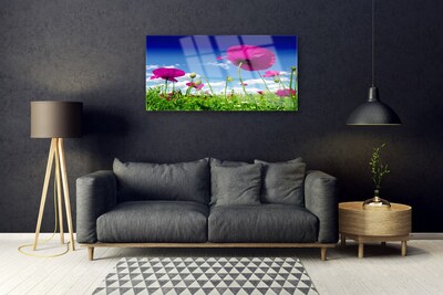 Glass Wall Art Meadow flowers nature red green