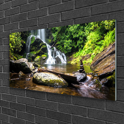 Glass Wall Art Waterfall stones forest nature brown green white