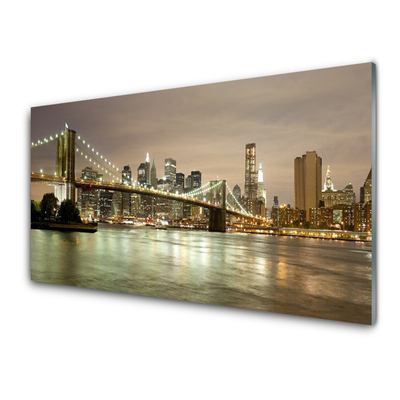 Glass Wall Art City bridge sea architecture grey yellow