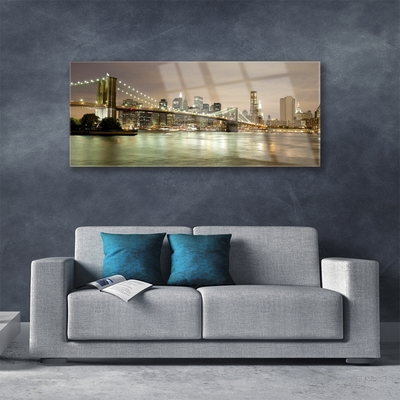 Glass Wall Art City bridge sea architecture grey yellow