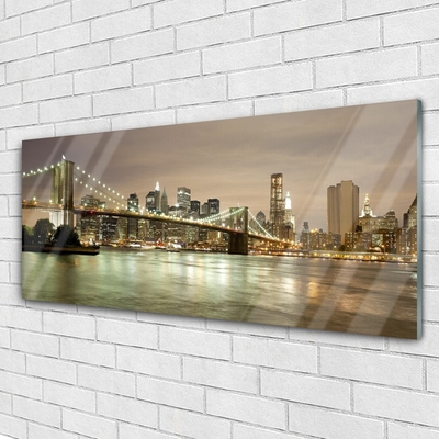 Glass Wall Art City bridge sea architecture grey yellow