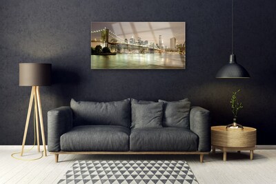 Glass Wall Art City bridge sea architecture grey yellow