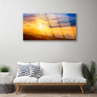 Glass Wall Art Mountain sun landscape brown yellow blue