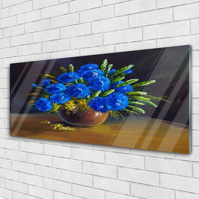 Glass Wall Art Flowers floral blue green