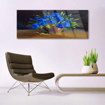 Glass Wall Art Flowers floral blue green