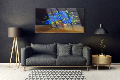 Glass Wall Art Flowers floral blue green