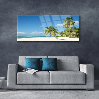 Glass Wall Art Beach palm trees landscape brown green