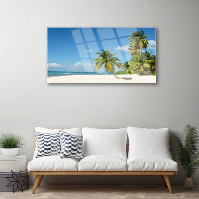 Glass Wall Art Beach palm trees landscape brown green