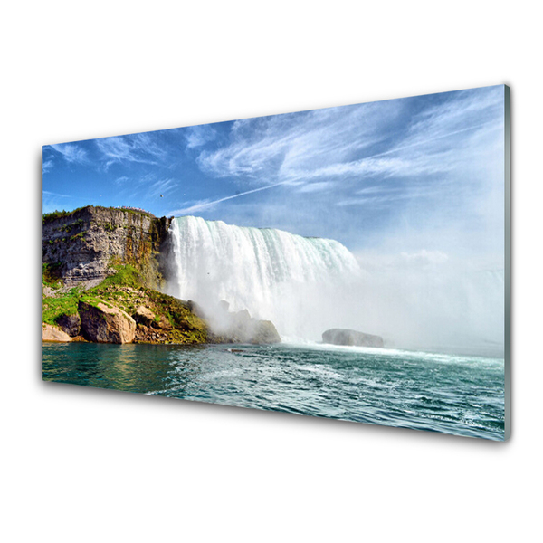 Glass Wall Art Waterfall sea nature white blue