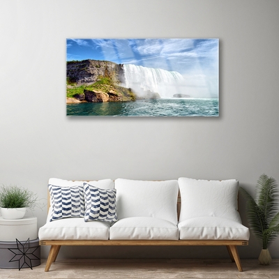 Glass Wall Art Waterfall sea nature white blue