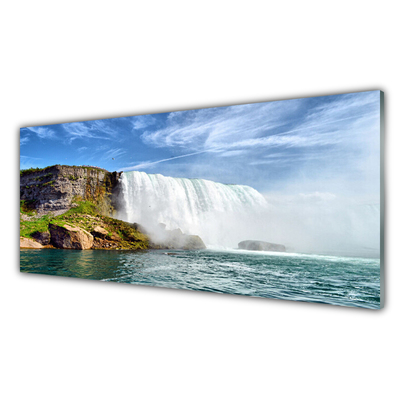 Glass Wall Art Waterfall sea nature white blue