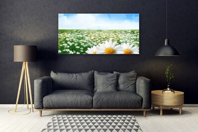 Glass Wall Art Meadow daisies floral green white yellow