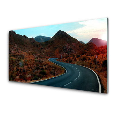 Glass Wall Art Mountain road landscape brown black white