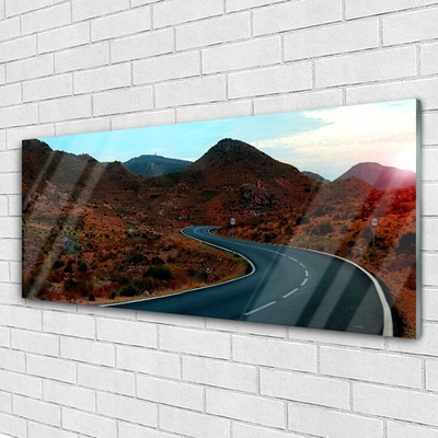 Glass Wall Art Mountain road landscape brown black white