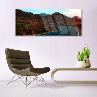 Glass Wall Art Mountain road landscape brown black white