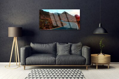 Glass Wall Art Mountain road landscape brown black white