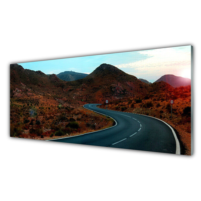 Glass Wall Art Mountain road landscape brown black white