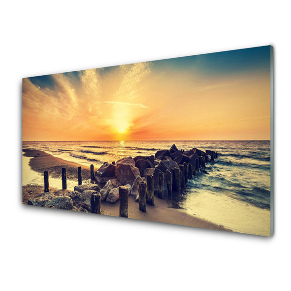 Glass Wall Art Beach stones sea landscape brown yellow grey