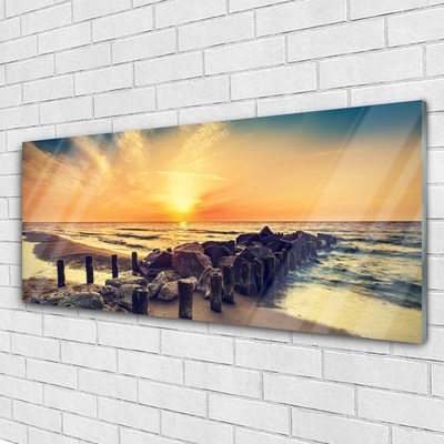 Glass Wall Art Beach stones sea landscape brown yellow grey