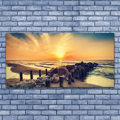 Glass Wall Art Beach stones sea landscape brown yellow grey