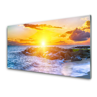 Glass Wall Art Sun sea landscape blue yellow