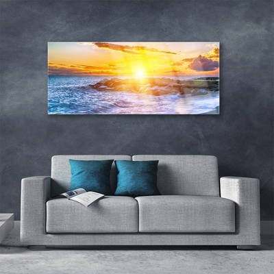 Glass Wall Art Sun sea landscape blue yellow