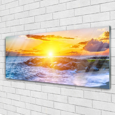 Glass Wall Art Sun sea landscape blue yellow