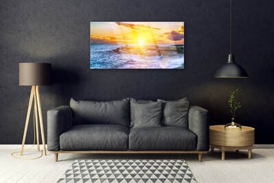 Glass Wall Art Sun sea landscape blue yellow