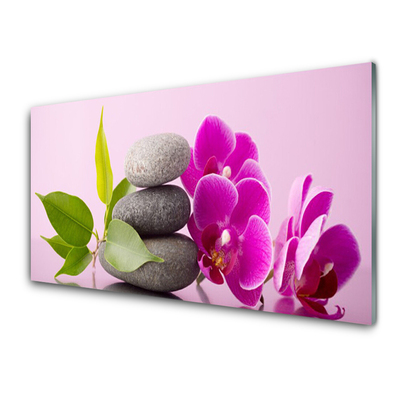 Glass Wall Art Flower stones leaves floral pink grey green