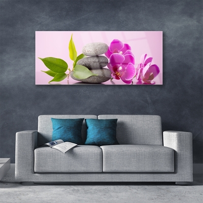 Glass Wall Art Flower stones leaves floral pink grey green