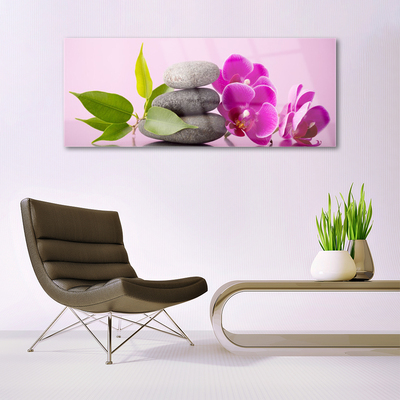Glass Wall Art Flower stones leaves floral pink grey green