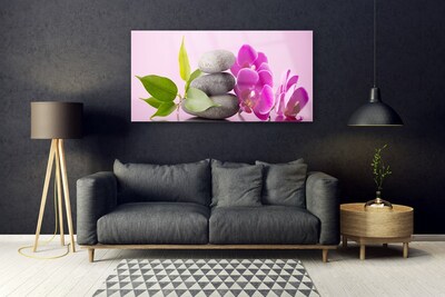 Glass Wall Art Flower stones leaves floral pink grey green