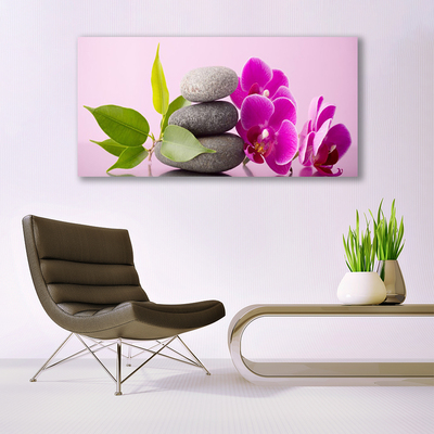 Glass Wall Art Flower stones leaves floral pink grey green