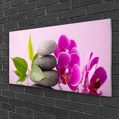 Glass Wall Art Flower stones leaves floral pink grey green