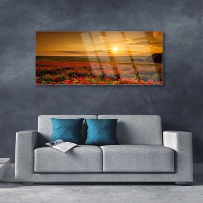 Glass Wall Art Lake meadow flowers nature yellow green red