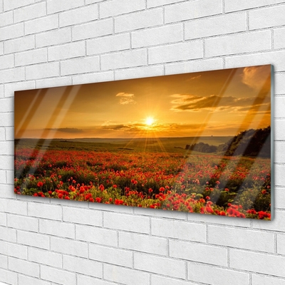 Glass Wall Art Lake meadow flowers nature yellow green red