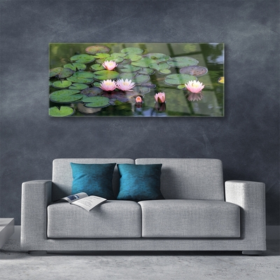 Glass Wall Art Lake petals floral pink green