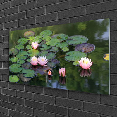 Glass Wall Art Lake petals floral pink green