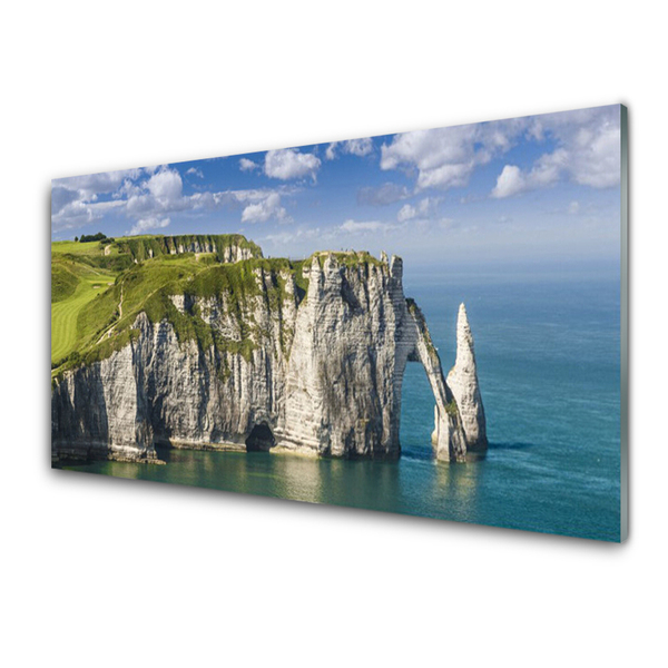 Glass Wall Art Rock sea landscape green grey blue