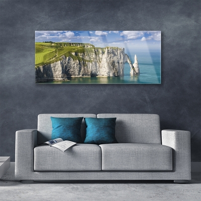 Glass Wall Art Rock sea landscape green grey blue